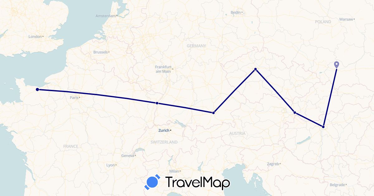 TravelMap itinerary: driving in Czech Republic, Germany, France, Hungary, Poland, Slovakia (Europe)